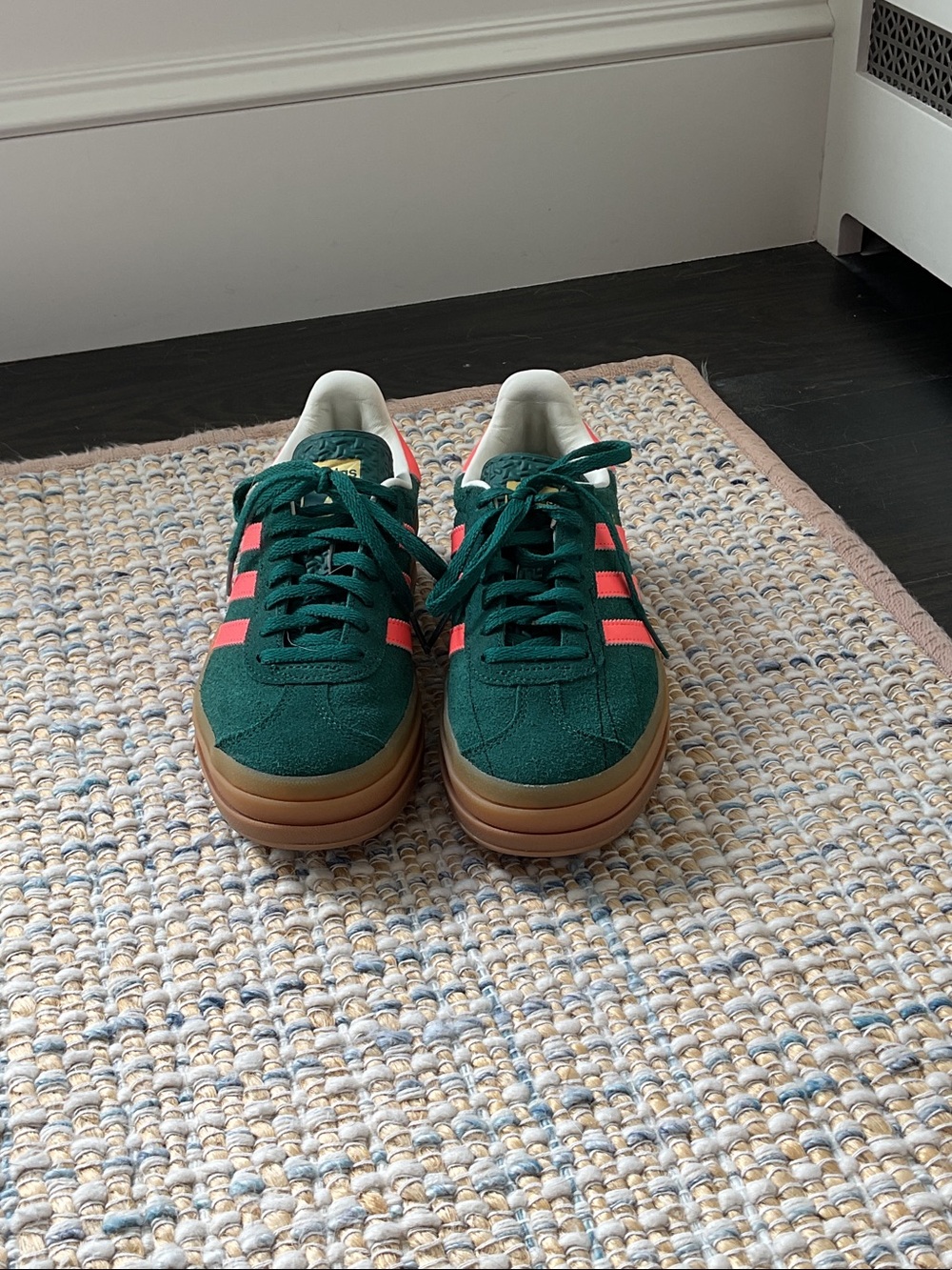 adidas Kids Dark Green Suede Sneakers with Coral Stripes
